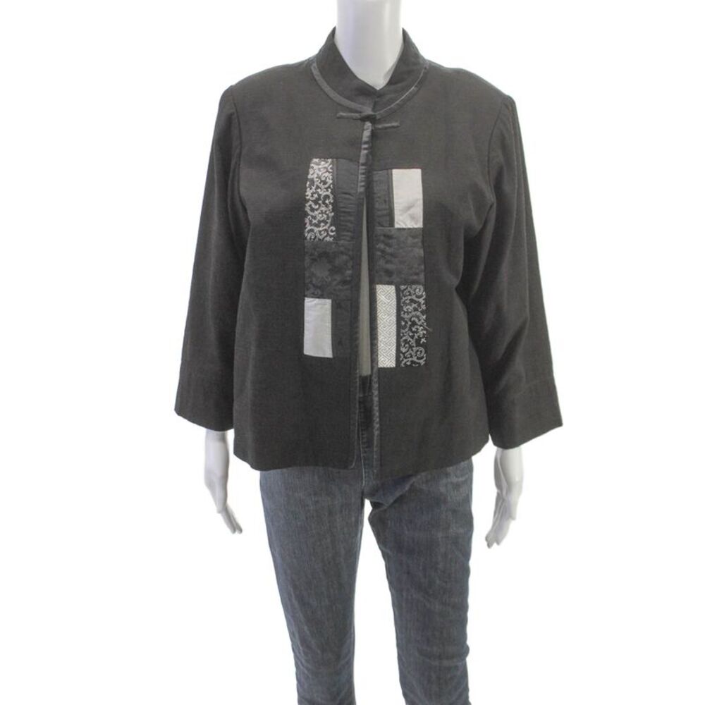 Khai Silk Women Kimono Jacket Black Silk Geometric 3/4 Sleeve Size M